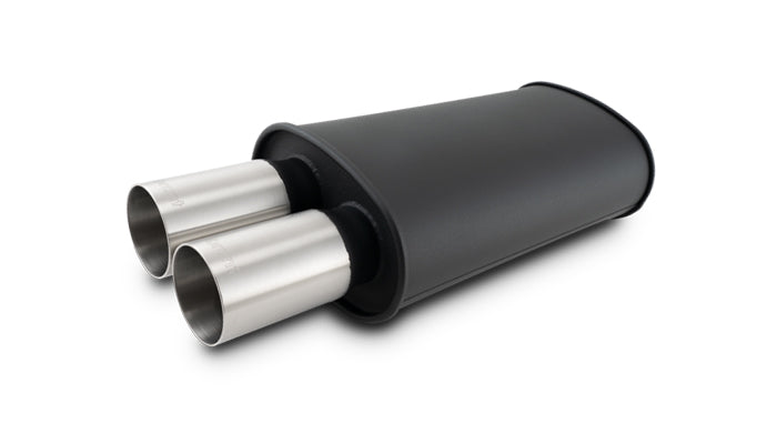 Vibrant - 12321- STREETPOWER FLAT BLACK Oval Muffler With Dual 304SS Brushed Tips; Inlet ID: 3.00 In. Tip OD: 3.00 In.; Muffler Body Size: 9 InW X 5 InH X 15 InL; Tip Location: Center Of End Cap