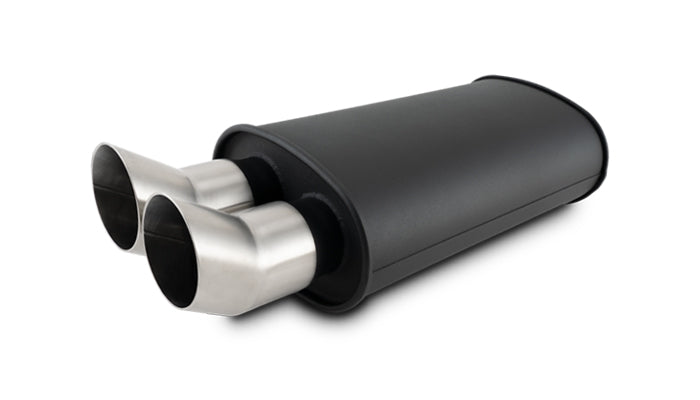Vibrant - 12331- STREETPOWER FLAT BLACK Oval Muffler With Dual 304SS Brushed Tips; Inlet ID: 3.00 In. Tip OD: 3.00 In.; Muffler Body Size: 9 InW X 5 InH X 15 InL; Tip Location: Center Of End Cap