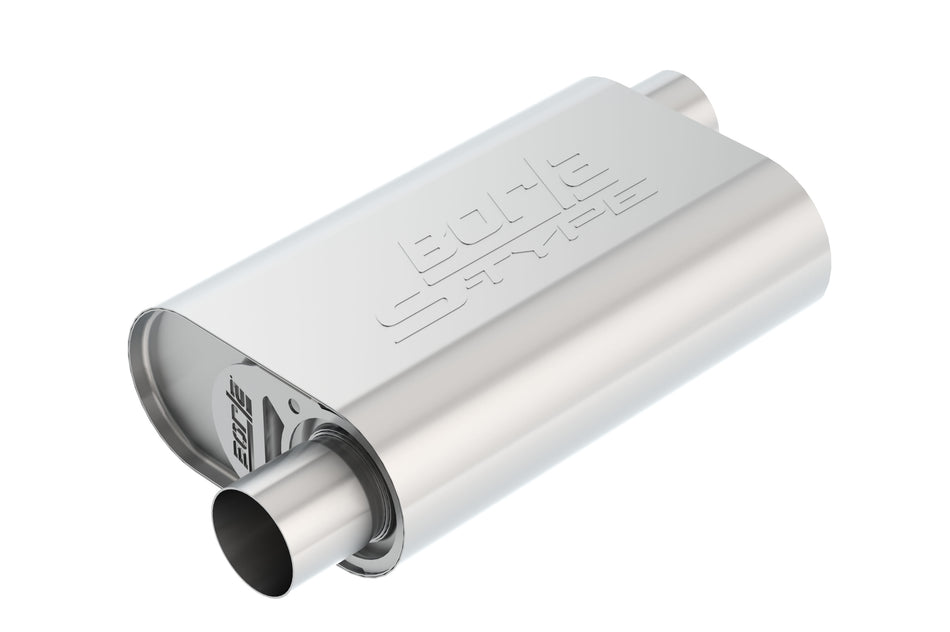 CrateMuffler Muffler Chevrolet Small Block 350/ 383/ 406 CID V8 High Output 2.5 In. Offset Inlet/ 2.5 In. Offset Outlet S-Type