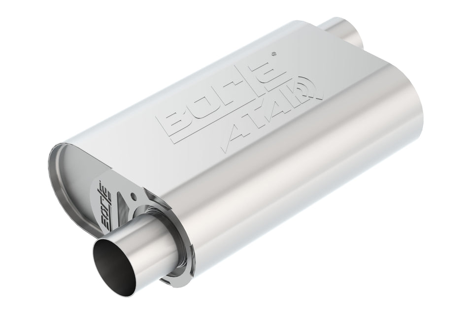 CrateMuffler Muffler Chevrolet Small Block 350/ 383/ 406 CID V8 High Output 2.5 In. Offset Inlet/ 2.5 In. Offset Outlet ATAK